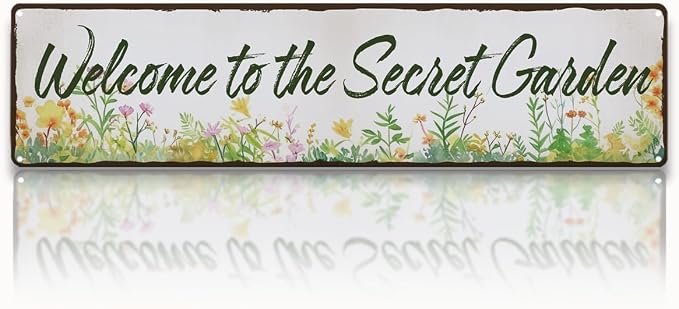 Garden Metal Tin Sign, Vintage Farmhouse Decor, Welcome to the Secret Garden Sign, Gardening Wall Art, for Yard Fence Door Porch, Rustic Indoor Outdoor Decoration, 15.7 x 3.9 Inches