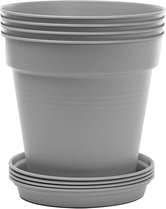 Mintra Garden Pots, 4 Pack Bulk Plastic Plant Pots with Drainage Tray, Round Indoor & Outdoor Decorative Planters with Drain Holes for Flowers, Herbs & Plants, 11cm Diameter – Grey, 4.3 in