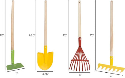 HEY! PLAY! Kids Gardening Set – 4-Piece Mini Garden Tools with Wood Handles – Child-Sized Shovel, Rake, Hoe, and Tined Hoe – Outdoor Toys for Children