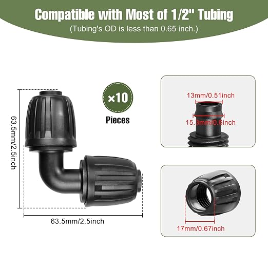 10 Pack 1/2 Inch Drip Irrigation Fittings Elbow Connectors for 1/2 Inch Drip Irrigation Tubing (1/2" ID x 0.60"-0.65" OD), Anti-Leak 1/2" Drip Line Barbed Connector for Most 1/2" Tubing