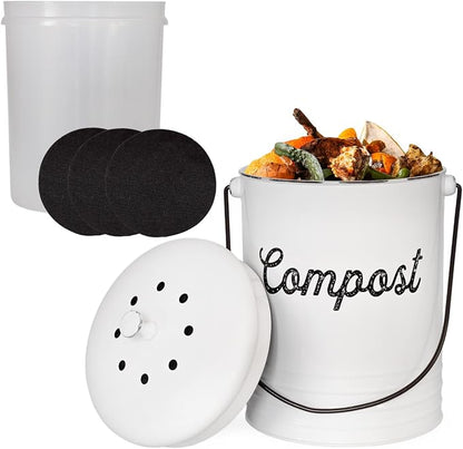 AuldHome Design Kitchen Compost Bin for Countertop | 1.3 Gallon Composting Bucket with Lid | Includes 3 Charcoal Filters | (White Enamel)