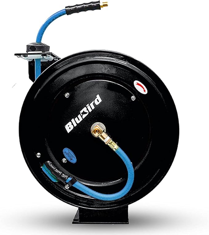 BLUBIRD BBR3825 20ga. Retractable Hose Reel with 3/8" x 25' Air Hose, 12 Point Ratcheting Gear, Next-Gen Rubber, Lightest, Strongest, Most Flexible, 300 PSI, -50F to 190F Degrees, Polyester Braided