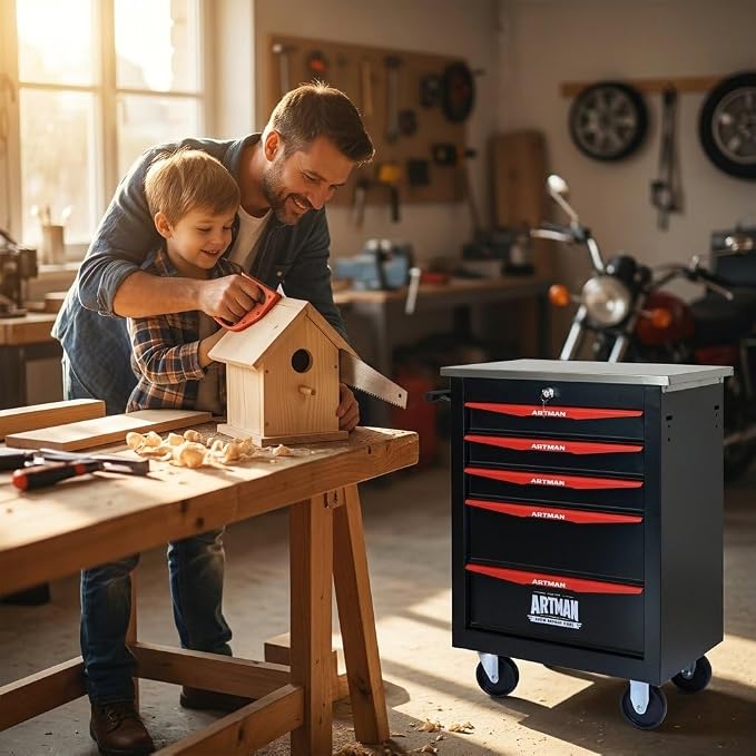 5-Drawer Rolling Tool Chest, Lockable Stainless Worktop for Garage,Black | Heavy Duty Metal Tool Cabinet with Drawers on Wheels for Warehouse and Workshop Storage