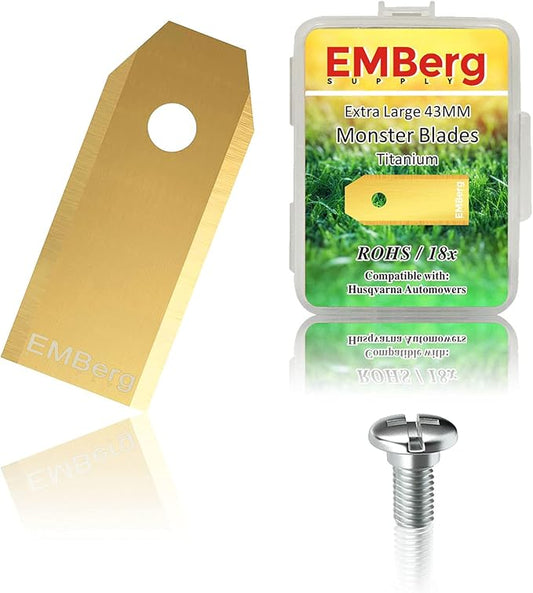 EMBerg Monster XL Blades (18 Pack) for Automower Models as Well as Gardena and McCulloch Robotic Lawnmowers. (Titanium)