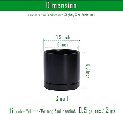 D'vine Dev 6.5 Inch Ceramic Planter Pot, Black, 94-O-C-2 | Modern Cylinder Design, Drainage Hole & Saucer Included, Stable Structure, Elegant Home Accent