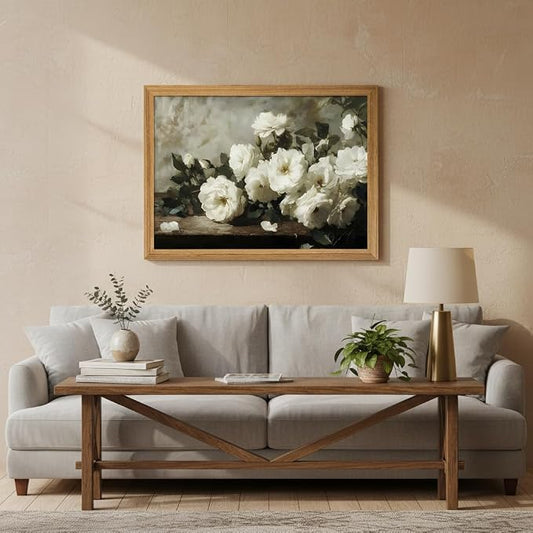 smvexyl Framed White Rose Vintage Floral Wall Art, Botanical Canvas Painting, Rustic Farmhouse Cottagecore Flower Decor, Romantic Botanical Artwork for Living Room Bedroom Bathroom Home Decor, 16x12inch