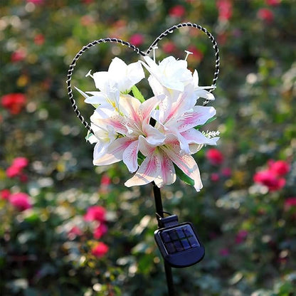 Starryfill Solar Garden Stake Lights Outdoor - Heart-Shaped Metal Decor with Lily Flowers & 25 LED Warm White Lights, Waterproof Memorial Decorations for Cemetery Grave, Remembrance Valentine's Gift