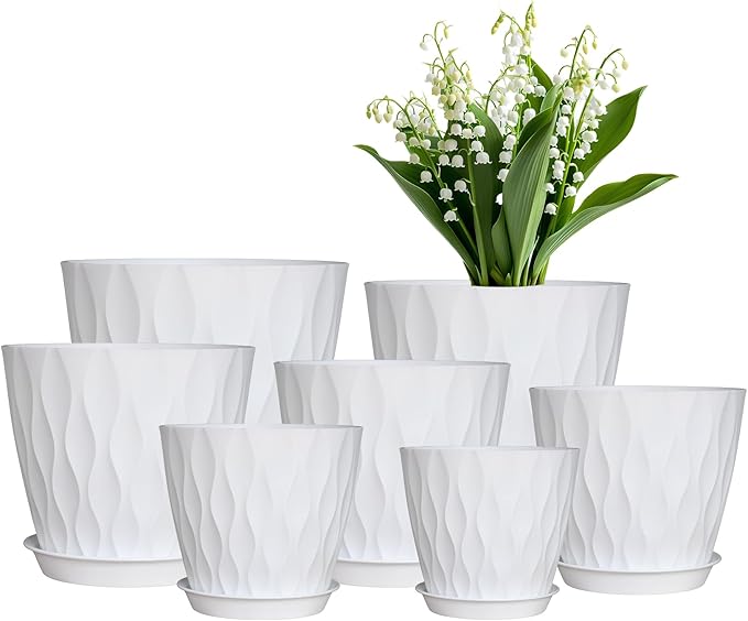 Plant Pots, Plastic Flower Pots for Indoor & Outdoor Plants, Planters with Drainage Holes and Saucer, Garden Pot for Plants (White 7/6.5/6/5.5/5/4.5/4 inch)