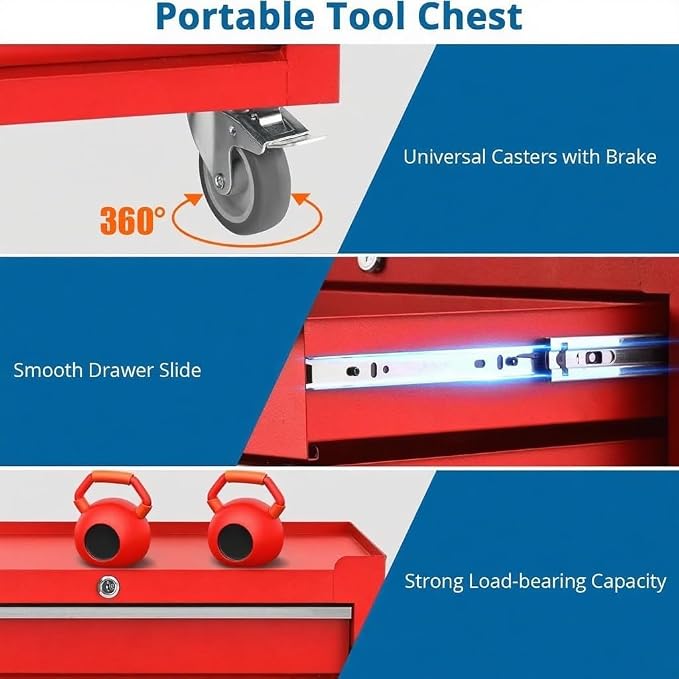 5-Drawer Rolling Tool Chest,Tool Cabinet on Wheels with Keyed Locking System and Drawer Liners,Tool Chest with Link Buckle and Can Be Combined to Large Cabinet Set,for Garage, Warehouse & Repair Shop