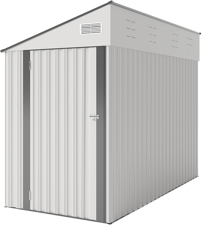 YOPTO 4x8 FT Lean to Shed, Outdoor Metal Storage Sheds with Lockable Door,Garden Tool Shed with Sloping Roof for Backayrd, Patio,Lawn,White