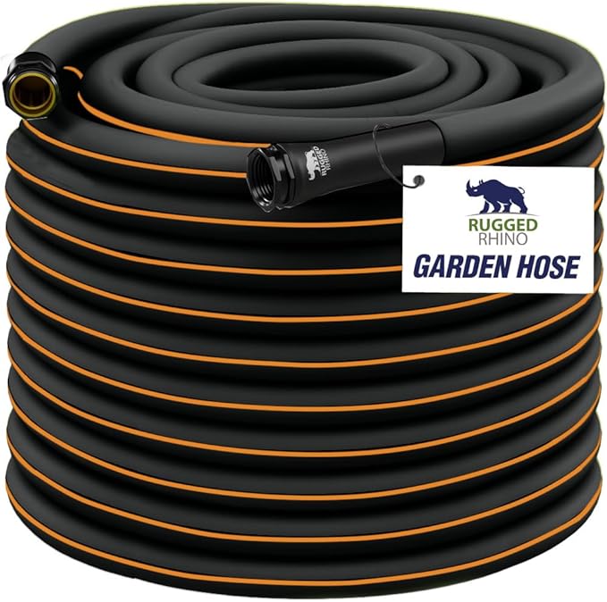 RUGGED RHINO Heavy Duty Garden Hose 100ft x 5/8in, Anti-Kink and Leakproof, Durable 4-Layer Construction, 500 PSI Burst, All Weather Outdoor Watering for Lawn, Garden, Flowers, Black and Orange