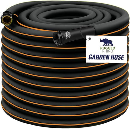 RUGGED RHINO Heavy Duty Garden Hose 75ft x 5/8in, Anti-Kink and Leakproof, Durable 4-Layer Construction, 500 PSI Burst, All Weather Outdoor Watering for Lawn, Garden, Flowers, Black and Orange