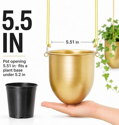 AceList Gold Hanging Planters Set of 2 - Modern Metal Plant Pots 5.5 Inch with Adjustable Hemp Rope and Mounting Hooks, Indoor Outdoor Boho Home Decor for Living Room Balcony Garden Patio Window