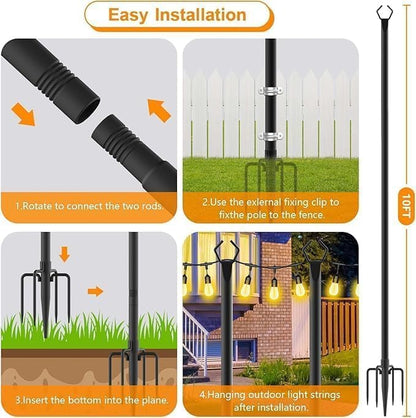 LETIANPAI 10Ft String Light Poles 6 Pack,Light Poles for Outside Lights,Outdoor with Fence Brackets Hanging Lights,Metal Stand Deck Patio Backyard