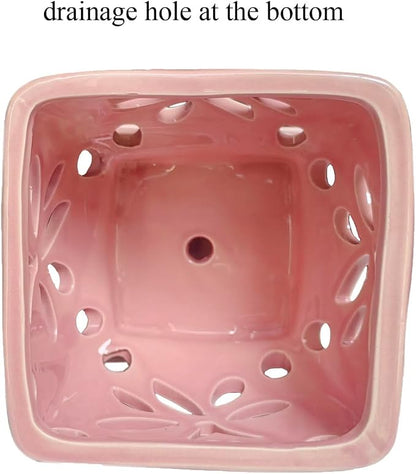 Orchid Pots with Holes Square Ceramic Orchid Planter Pots 5.5 inch (Pink)