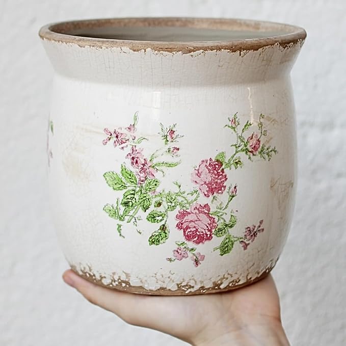 Xiaan Jiaju Cottage Ceramic Pots for Plants, 6.21 Inch Vintage Shabby Chic Planters for Indoor Plants, French Country Spring Balcony & House Decor, Pink Floral Vases for Centerpieces, Gardening Gifts