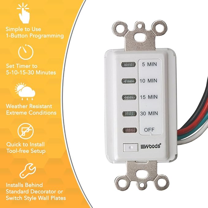 Southwire Woods In-Wall 30-Minute Decora Digital Countdown Timer - Automatic Wall Timer - Energy-Efficient Appliances Timekeeper - Easy-Install Digital Timer - Compact Design