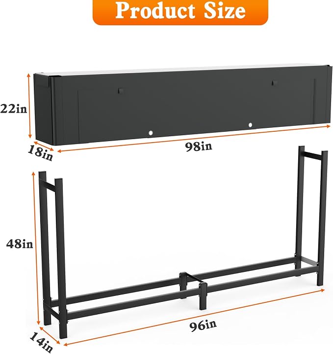 WALMANN Heavy-Duty 8 ft Firewood Rack with Waterproof Cover & Firewood Carry Bag, Outdoor Indoor Wood Log Holder for Fireplace, Patio & Porch, Sturdy Steel Fire Wood Storage Stand