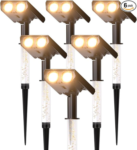 Solar Lights Outdoor Waterproof IP65，Outside Solar Landscape Spotlight with Ambient Light Column and Adjustable Aperture for Garden Yard Pathway Lawn，2 IN 1 Can Used as Wall Lamp，Warm White- 6 Pack