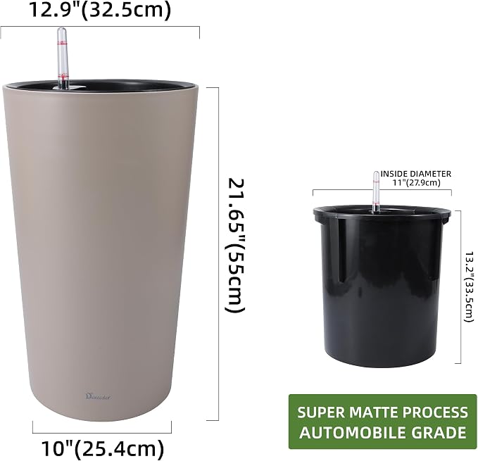 Dexceder 22x13 Self Watering Tall Planter (Taupe Matte) | High Cylinder, Thickened Large Floor Standing Flower Plant Pot with Water Level Indicator Indoor Outdoor