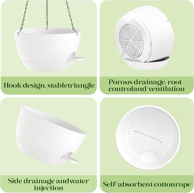 2 Pack 10 Inch Self Watering Hanging Planters for Indoor Plants, Large White Plastic Hanging Pots with Chains for Outdoor Patio Garden Home Decor (White)