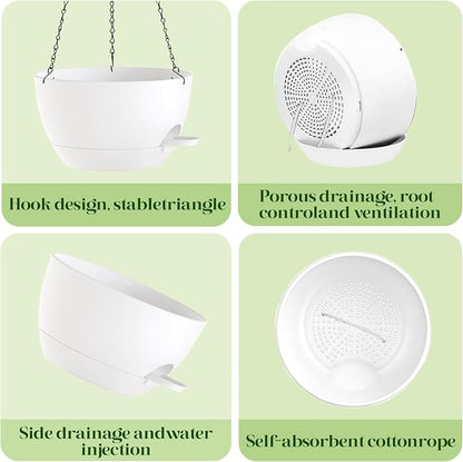 2 Pack 10 Inch Self Watering Hanging Planters for Indoor Plants, Large White Plastic Hanging Pots with Chains for Outdoor Patio Garden Home Decor (White)