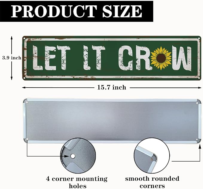 Garden Metal Tin Sign, Rustic Farmhouse Decor, Let It Grow, Gardening Wall Art Decor, for Yard Fence Door Porch, Garden Indoor Outdoor Decoration, 15.7 x 3.9 Inches
