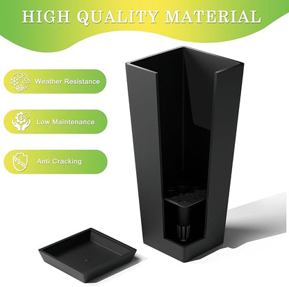 TUYOHW 24-Inch Tall Planters for Outdoor Plants, Set of 2, Black | Square tapered plastic planters with drainage trays for front porch, patio, entryway, backyard, or indoor plants