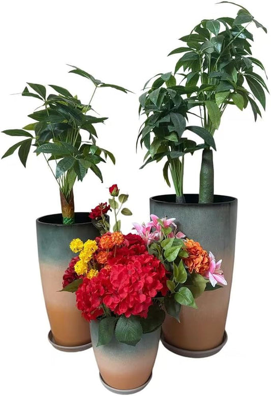 24,21,11 Inch Large Plastic Planters with Drainage Hole and Saucer - Set of 3 Tall Plant Pots Indoor Flower Pot Tall Round Planters Outdoor Large Tall Planter