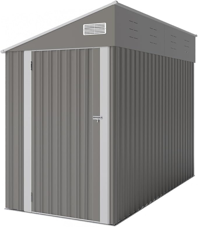 YOPTO 4x8 FT Lean to Shed, Outdoor Metal Storage Sheds with Lockable Door,Garden Tool Shed with Sloping Roof for Backayrd, Patio,Lawn,Gray