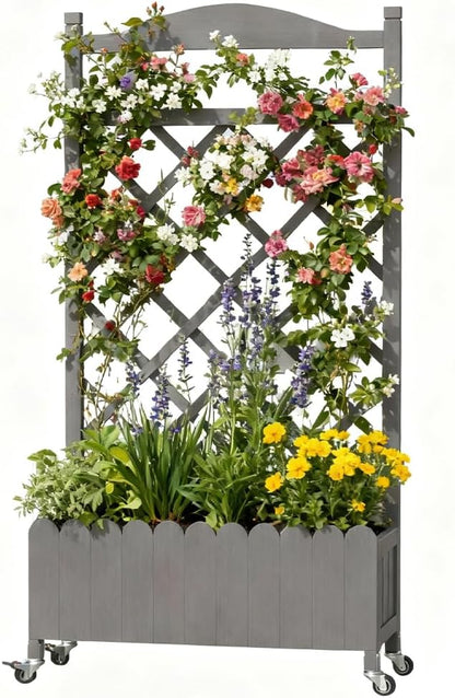 COMHOMA Planter Box with Trellis and Wheels, 48In Elevated Raised Garden Bed, Drainage Holes, Outdoor Lattice for Climbing Flowers, Vegetables, Patio Balcony, Gray