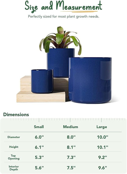 LE TAUCI 10+8+6 Inch Ceramic Pots for Plants, Indoor Planters with Drainage Hole and Plug, Modern Cylinder Flower Pots Set of 3 for Office and Living Room, Glossy, Midnight Blue