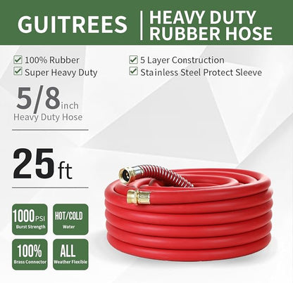 Guitrees 25FT 5/8 Heavy Duty Rubber Garden Hose - 300psi Working, 1000psi Burst - Hot/Cold Water - Five-Layered Braiding for Durability - Versatile for Gardening, Agriculture, Construction(Red)