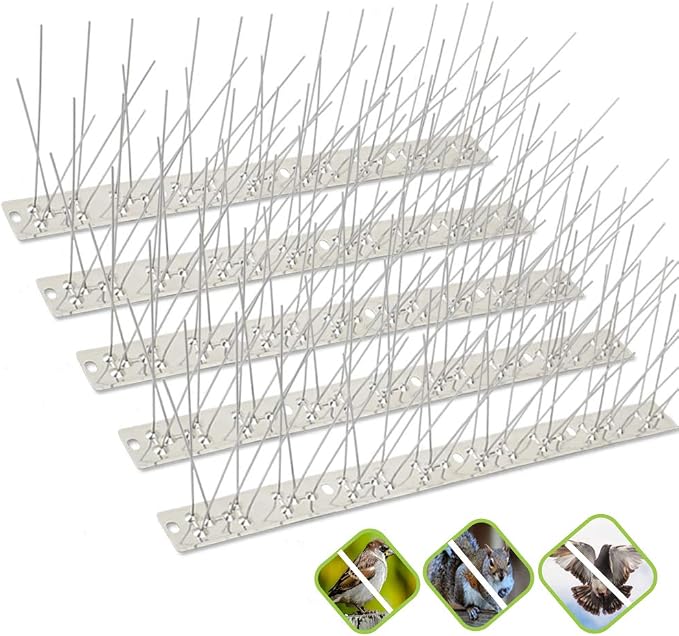 Bird Spikes Stainless Steel 65ft Coverage 60 Pack for Pigeons Small Birds Outdoor Use Bird Prevention Strips for Fence Crows Woodpeckers with 304 Stainless Steel Pins and Base Not Rusty