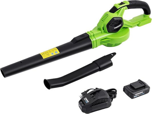 20V Cordless Leaf Blower with Battery and Charger, Electric Leaf Blower Vacuum, Battery Leaf Blower Cordless for Lawn, Variable Speed, Lightweight, Quick Charge, Green, (TDC-CB20)