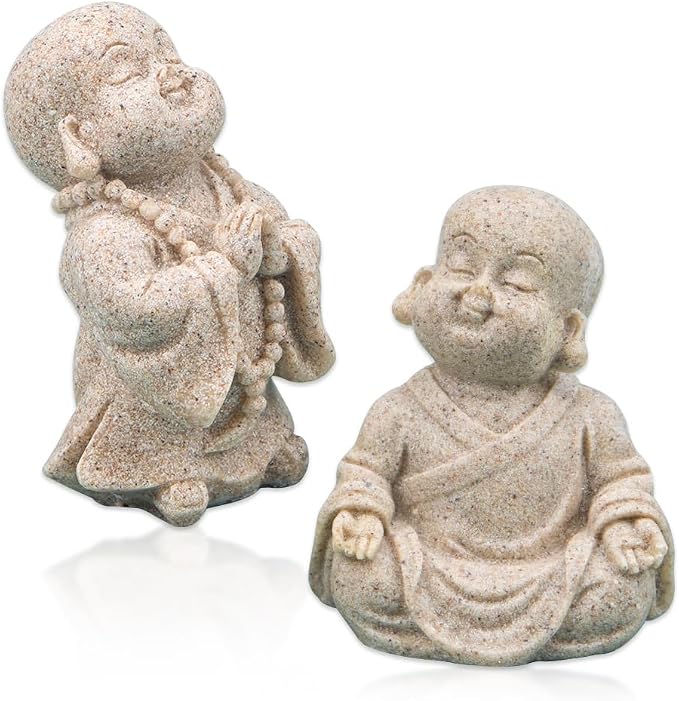 ZORZA 2Pcs Cute Mini Resin Monk Zen Buddha Statue Bring Peaceful Energy | Sandstone-Style Finish,Small Decorative Reminder to Smile Meditation,Symbol of Joy Good Luck,for Desk Garden Aquarium