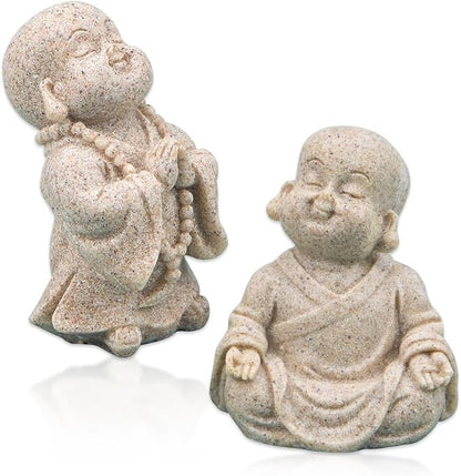 ZORZA 2Pcs Cute Mini Resin Monk Zen Buddha Statue Bring Peaceful Energy | Sandstone-Style Finish,Small Decorative Reminder to Smile Meditation,Symbol of Joy Good Luck,for Desk Garden Aquarium