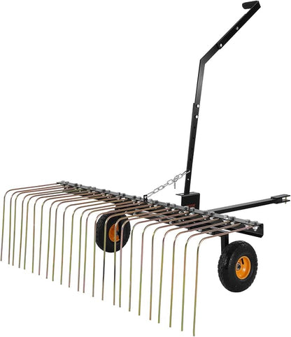 VEVOR Tow Behind Dethatcher, 60-inch Lawn Dethatcher Rake with 24 Steel Tines for ATV or Mower, Heavy Duty Q235 Steel Tow Behind Lawn Rake with Lift Handle for Farm Leaves, Pine Needles, and Grass