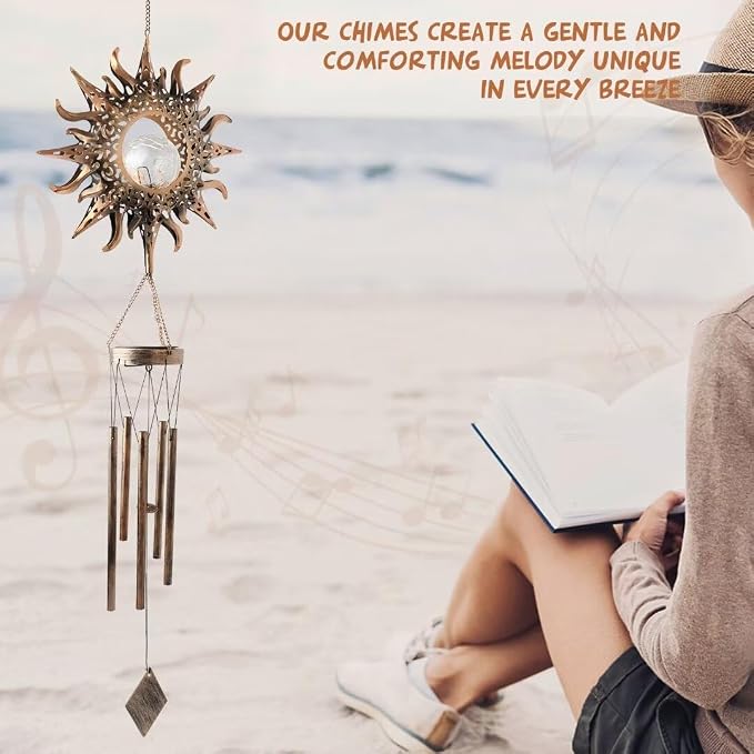 Solar Sun Wind Chimes for Outside Unique Gardening Gifts for Women Mom Grandma Crackle Glass Ball LED Wind Chimes Solar Lights Outdoor Decor Decorative Light for Garden Patio Yard Porch