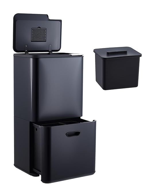 GarveeHome 16 Gallon Dual Trash Can for Kitchen, 2 Compartment Stainless Steel Garbage Can, 33L+28L Kitchen Recycling Bin with Compost Caddy, Removable Inner Bucket & Odor Control, Black