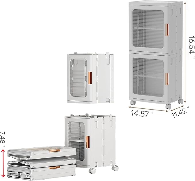 2 Layer Plastic Foldable Bathroom Storage Cabinet with Wheels | Quick Assembly,Magnetic Doors,Adjustable Shelves,Thin Cabinets for Narrow Spaces,Small Space Saver for Laundry Living Room