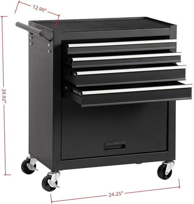 Tool Chest, 4-Drawers Rolling Tool Box with Workbench, Handle & Wheels, Large Space Mechanic Tool Cart, Suitable for Garages, Workshop, Warehouse, Repair Shops, Capacity 450lbs, Black
