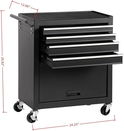 Tool Chest, 4-Drawers Rolling Tool Box with Workbench, Handle & Wheels, Large Space Mechanic Tool Cart, Suitable for Garages, Workshop, Warehouse, Repair Shops, Capacity 450lbs, Black