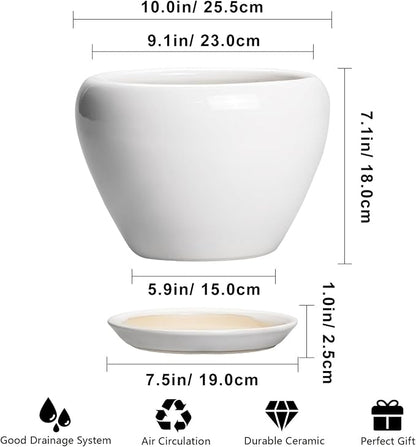 Ceramicfor Ceramic Pot for Plants - 10 Inch Planter with Drainage Hole and Saucer, Glaze Modern Round Flower Pot for Indoor Plants, Housewarming Gift, Home Decor, White