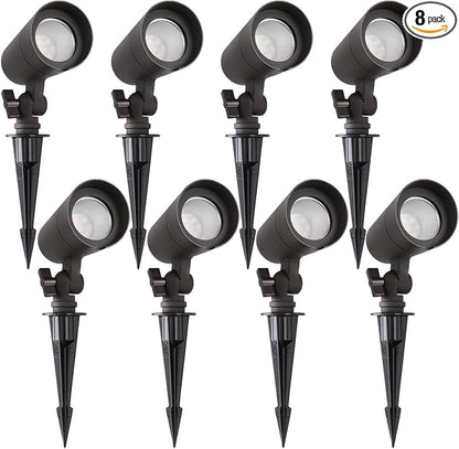 3CCT LED Landscape Lights with Connectors, 12V Low Voltage, 3000K/4000K/5000K Selectable, 3W, 200LM, Outdoor Waterproof Garden Pathway Lights Wall Tree Flag Spotlights with Spike Stand, 8 Pack