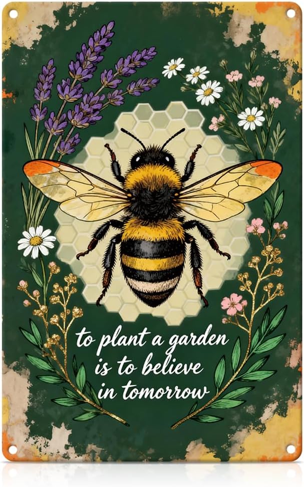 Funny Bee and Flowers Outdoor Garden Metal Tin Sign To Plant A Garden Is To Believe In Tomorrow Wall Art for Outdoor Garden Yard Farmhouse Wall Decor