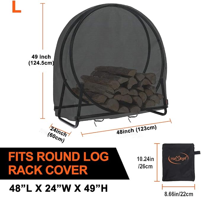 Firewood Log Rack Cover, Outdoor Waterproof Log Hoop Cover, Windproof Dry Wood Pile Holder Storage Tarp Heavy Duty UV Resistant Sun Snow Rain Durable PVC Backing Protector fit 4 Seasons Black