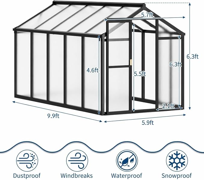 6x10 FT Greenhouse, Easy Assembly Aluminum Polycarbonate Greenhouses for Outdoors with Roof Vent, Large Aluminum Walk-in Greenhouse for Sunroom Patio, Backyard, Garden, Sliding Lockable Door, Black