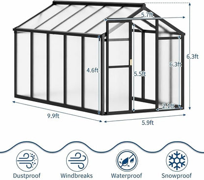 6x10 FT Greenhouse, Easy Assembly Aluminum Polycarbonate Greenhouses for Outdoors with Roof Vent, Large Aluminum Walk-in Greenhouse for Sunroom Patio, Backyard, Garden, Sliding Lockable Door, Black