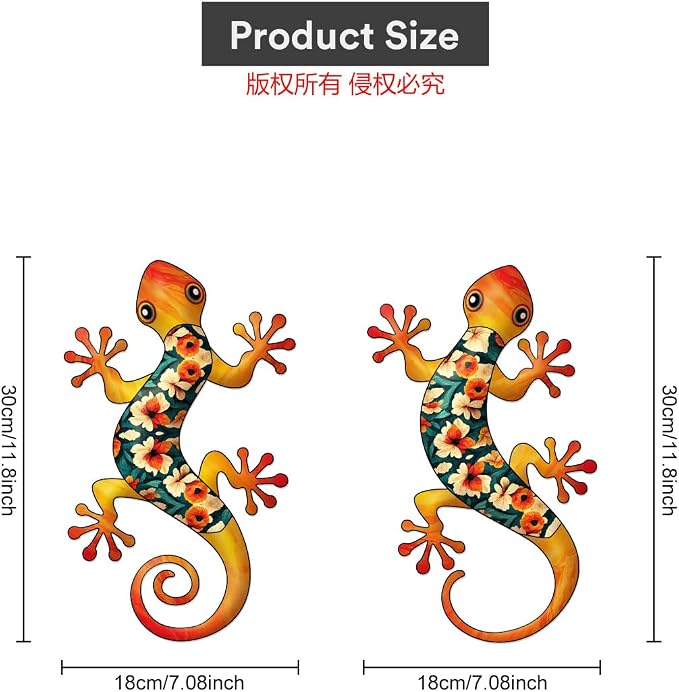 Metal Gecko Outdoor Decor -2 Pack 11.8 inch Metal Lizard Wall Art Hanging Sculpture Decoration for Indoor or Outdoor, Garden Yard Fence Porch Wall Decor